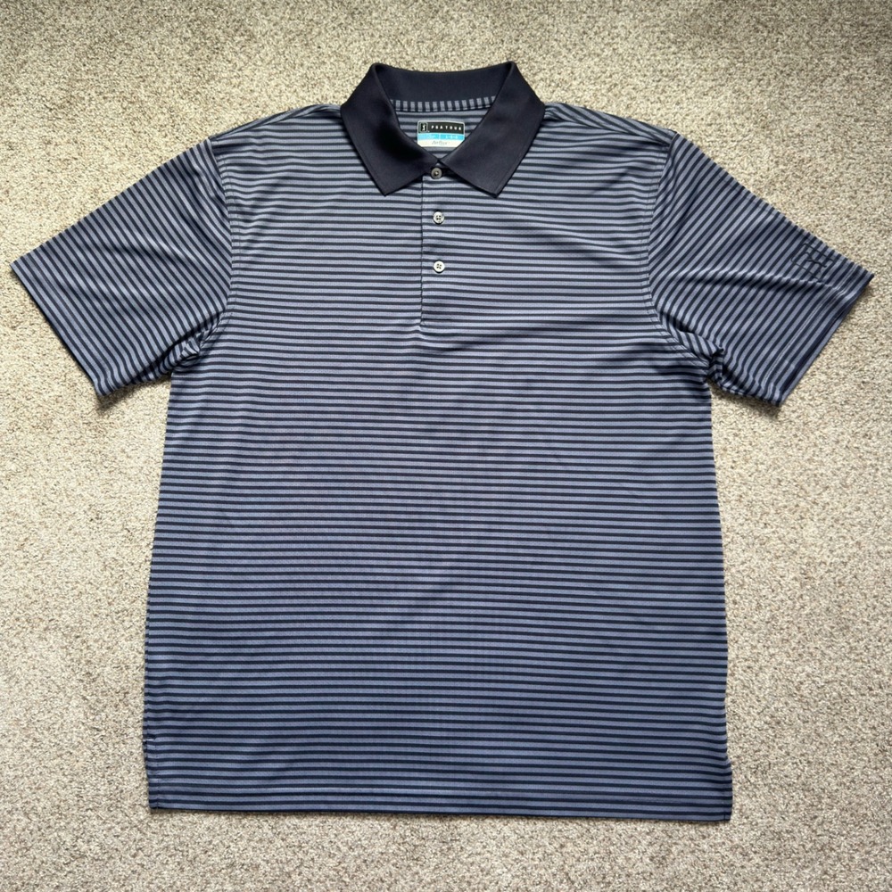 PGA Tour Airflux Mens Large Polo Shirt Navy Blue Striped Short Sleeve Golf Top